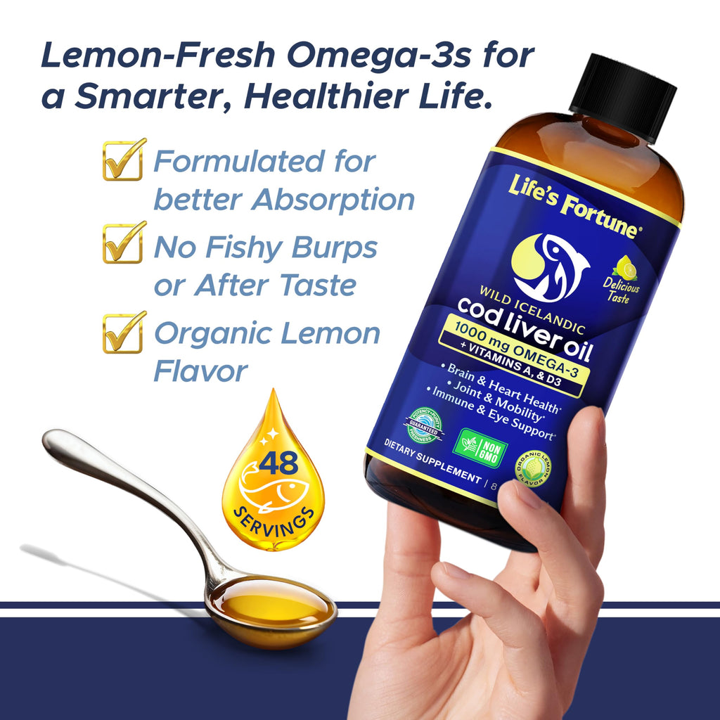 Life's Fortune Cod Liver Oil Liquid Lemon Flavor Organic Supplement