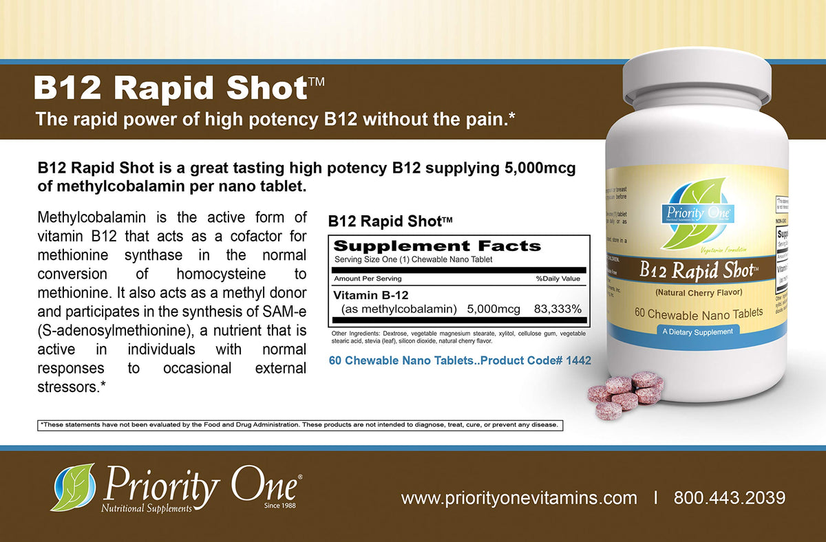 Priority One Vitamins B12 Rapid Shot Methylcobalamin 5000mcg - 60 Tablets - image 6