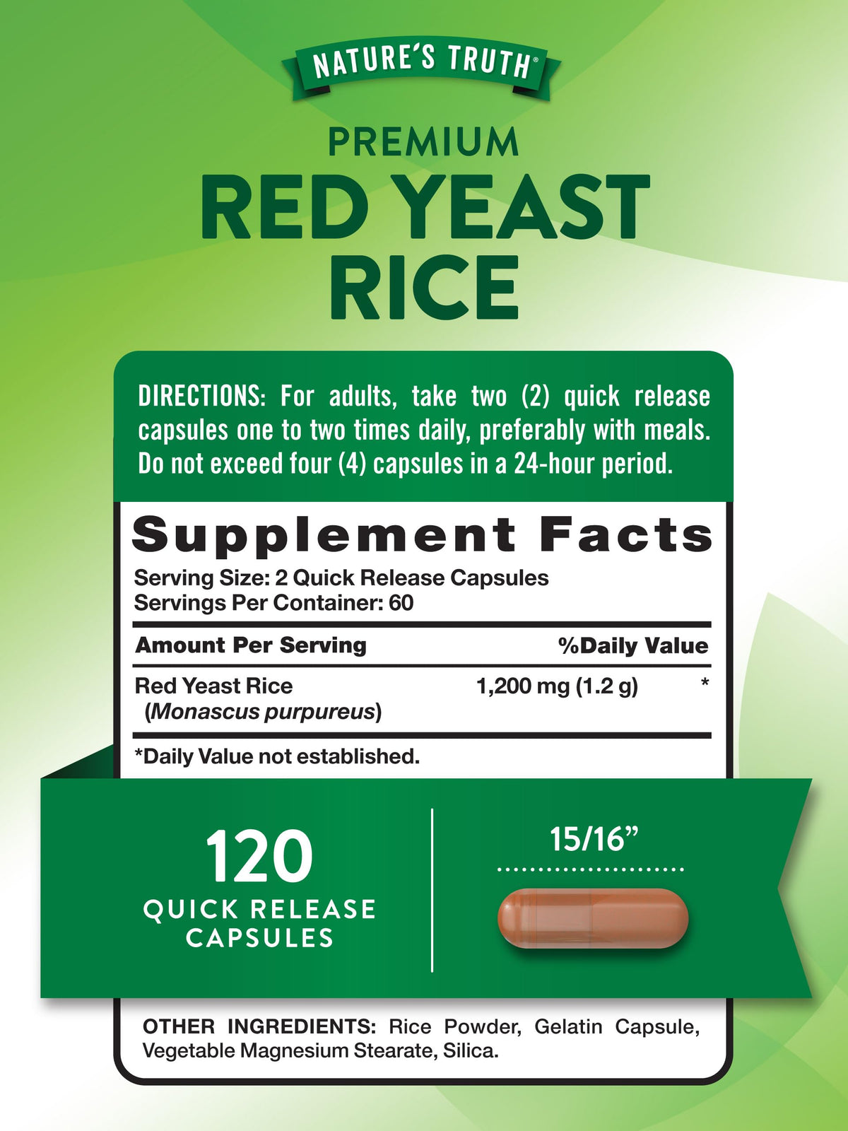 Nature's Truth Red Yeast Rice Herbal Supplement 1200 mg - 120 Capsules - image 2