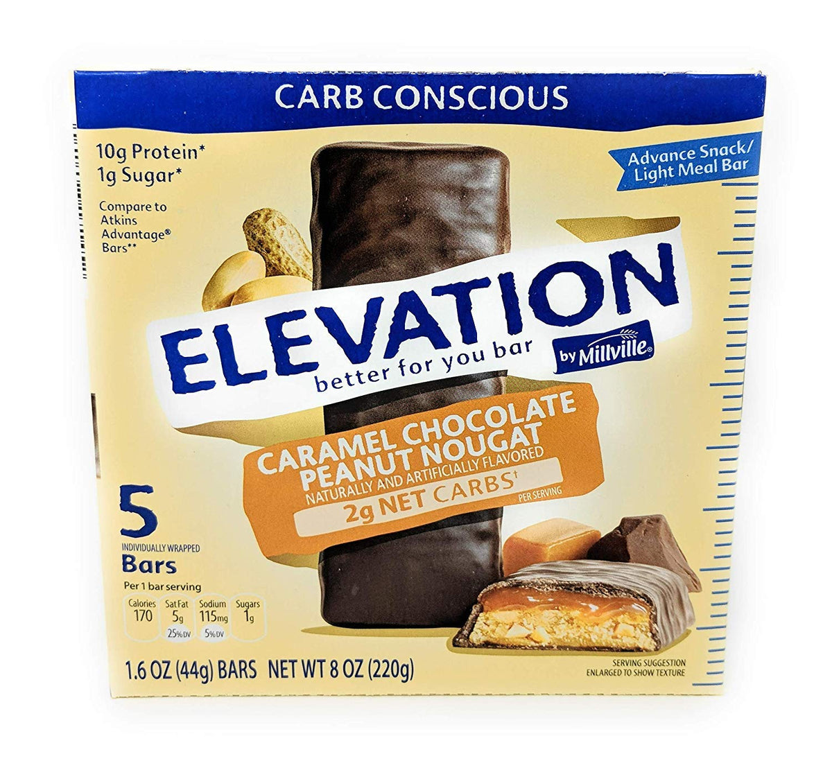 Elevation by Millville Caramel Chocolate Peanut Nougat Protein Bars - 10 Bars