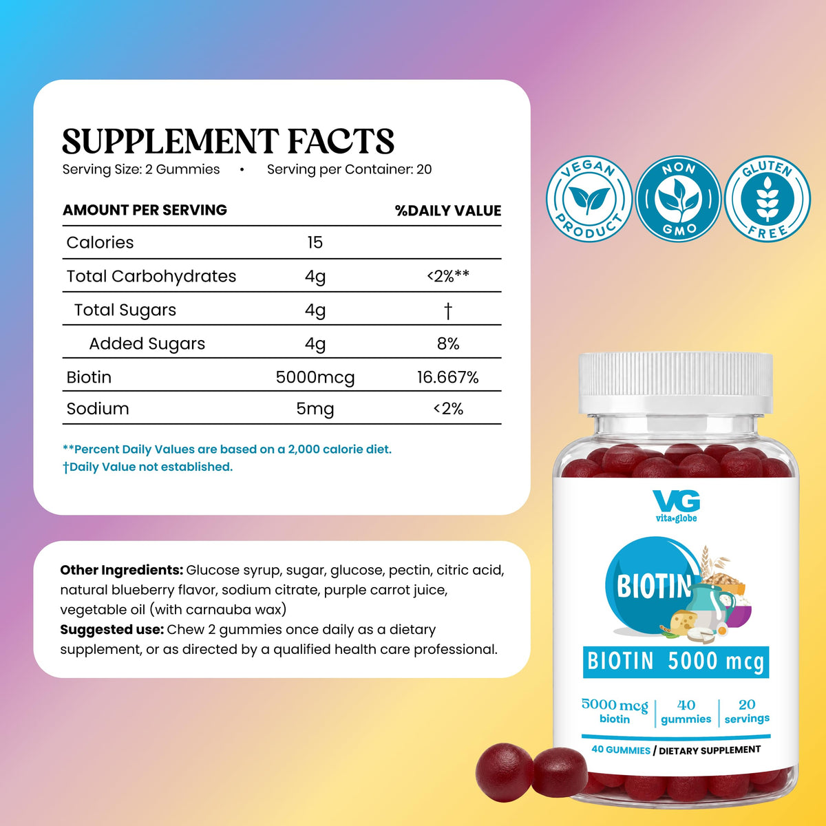 VITA GLOBE Biotin Gummies 5000mcg for Hair, Skin & Nails - 80 Gummies - image 2