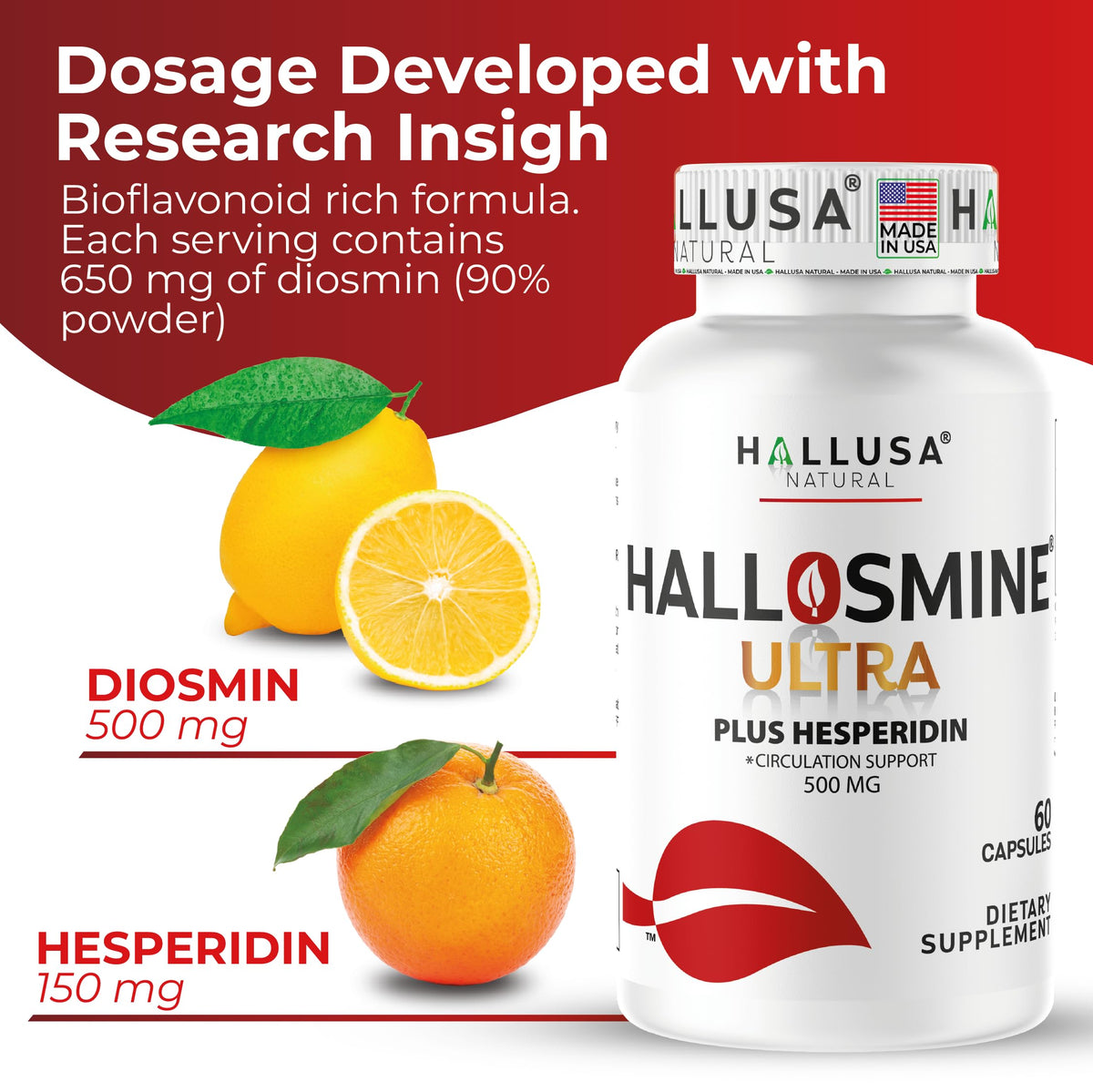 Hallusa Natural Diosmin 500mg & Hesperidin Circulation Support - 60 Capsules - image 5