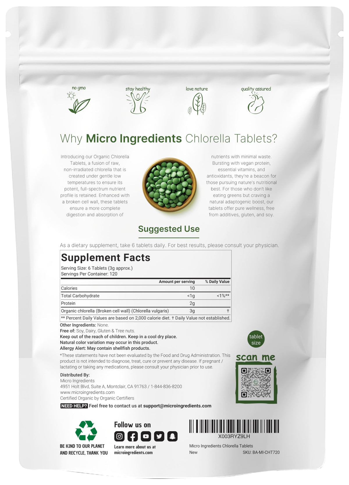 Micro Ingredients Organic Chlorella Tablets 500mg - 720 Tablets - image 2
