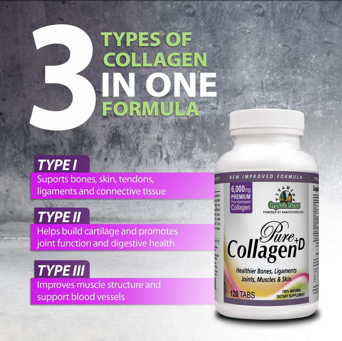 Organic Farms Vitamins Collagen Pure+D 6000mg - 120 Tablets - image 4