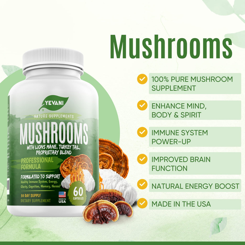 YEVANI Mushroom Supplement Immune Energy Clarity - 60 Capsules - image 2