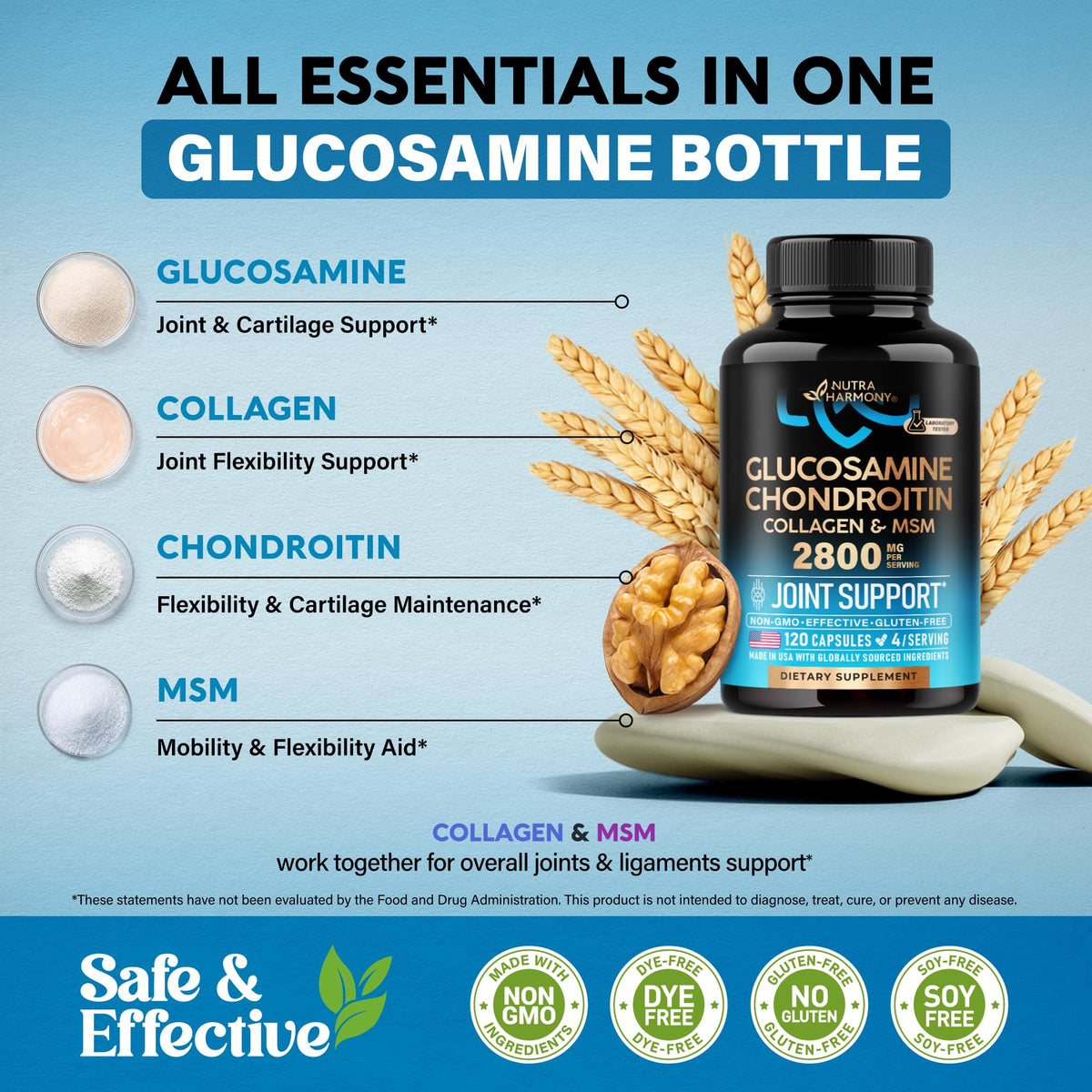 NUTRAHARMONY Glucosamine Chondroitin MSM Collagen Joint Support - 120 Capsules - image 4