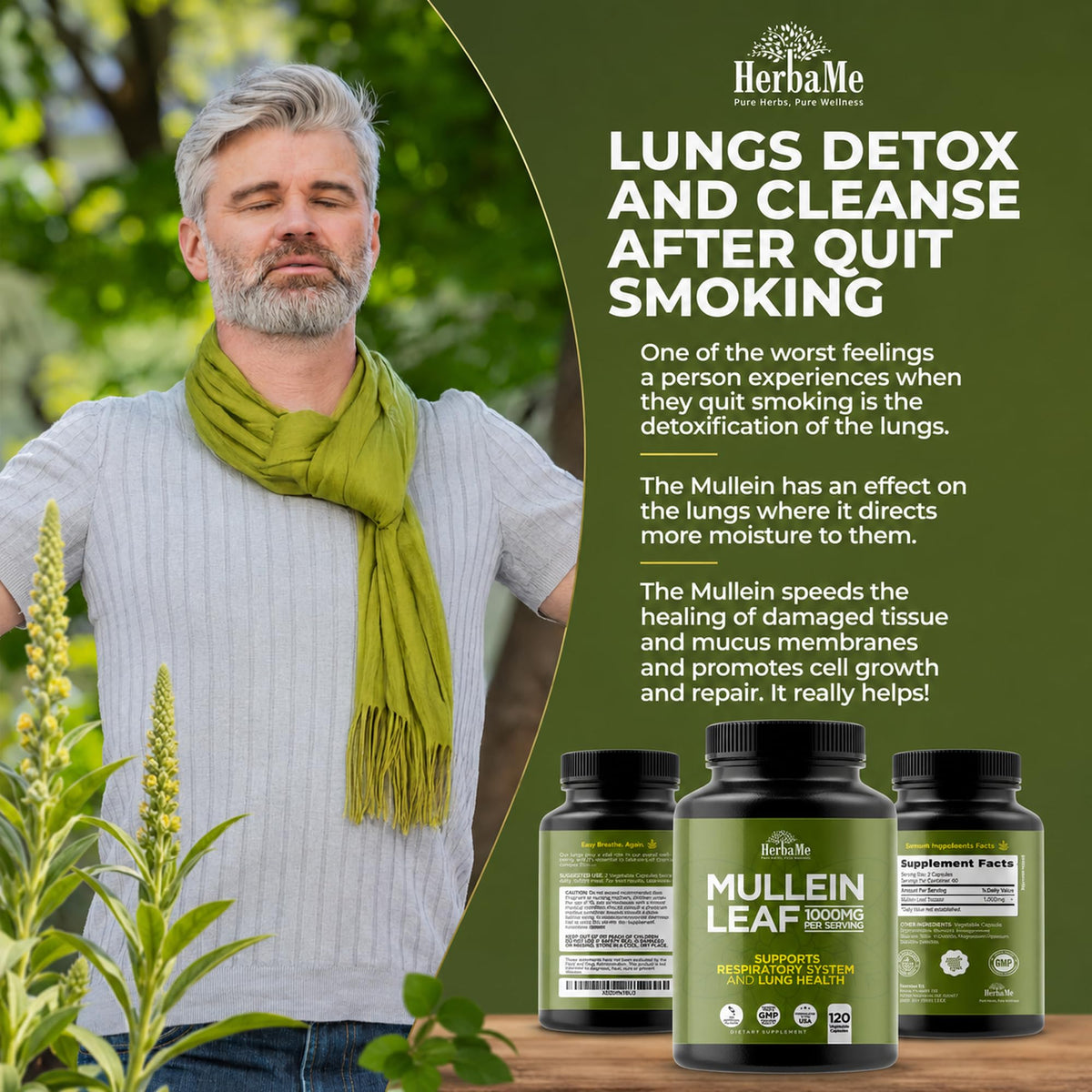 HerbaMe Mullein Leaf 1000mg Lung Support - 120 Capsules - image 8