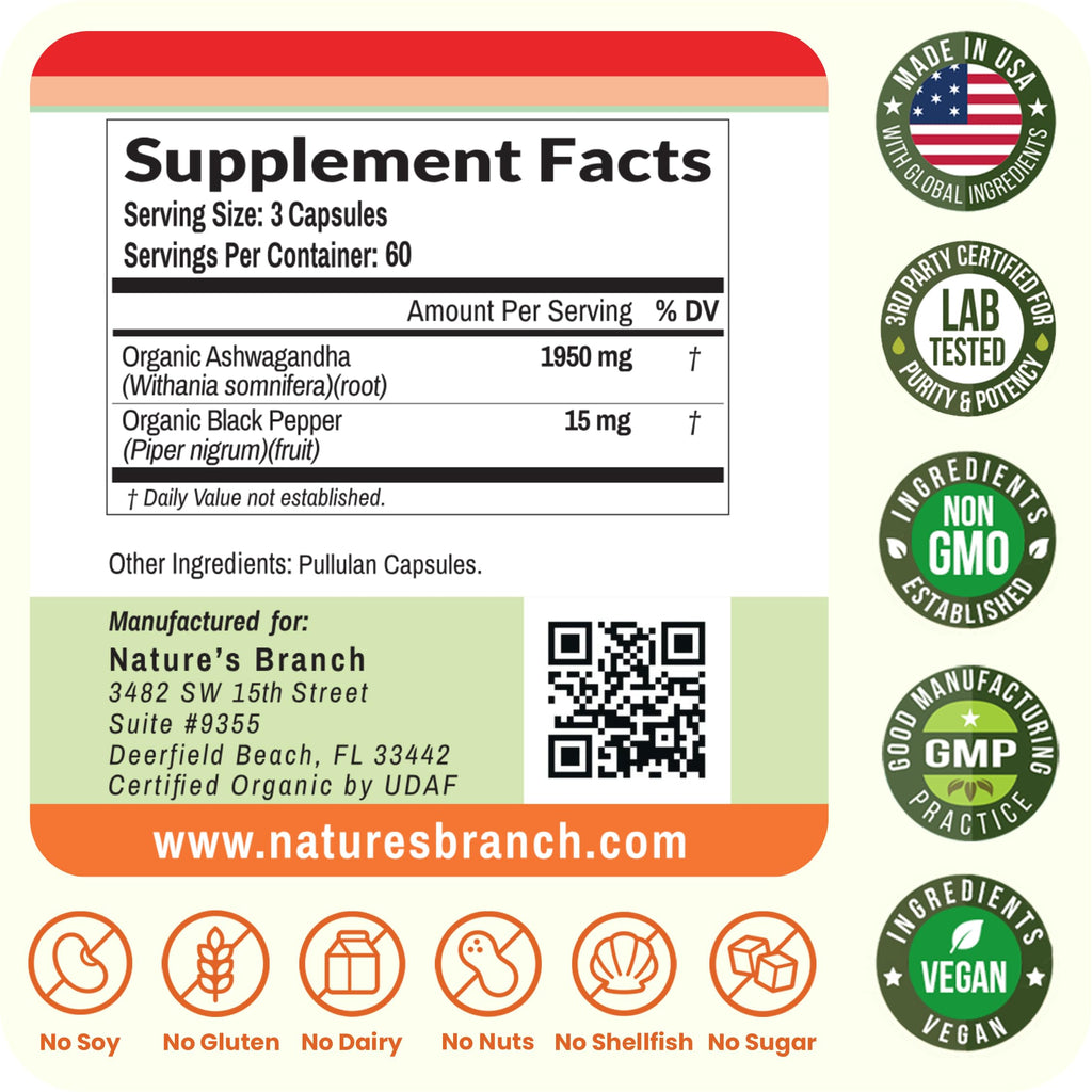 Nature's Branch Organic Ashwagandha with Black Pepper - 180 Capsules - image 6