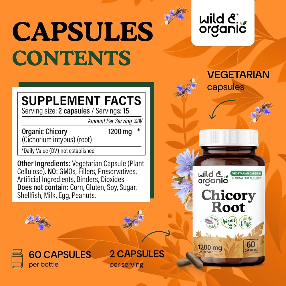 Wild & Organic Chicory Root Fiber Capsules - 1200 mg of Chicory Root