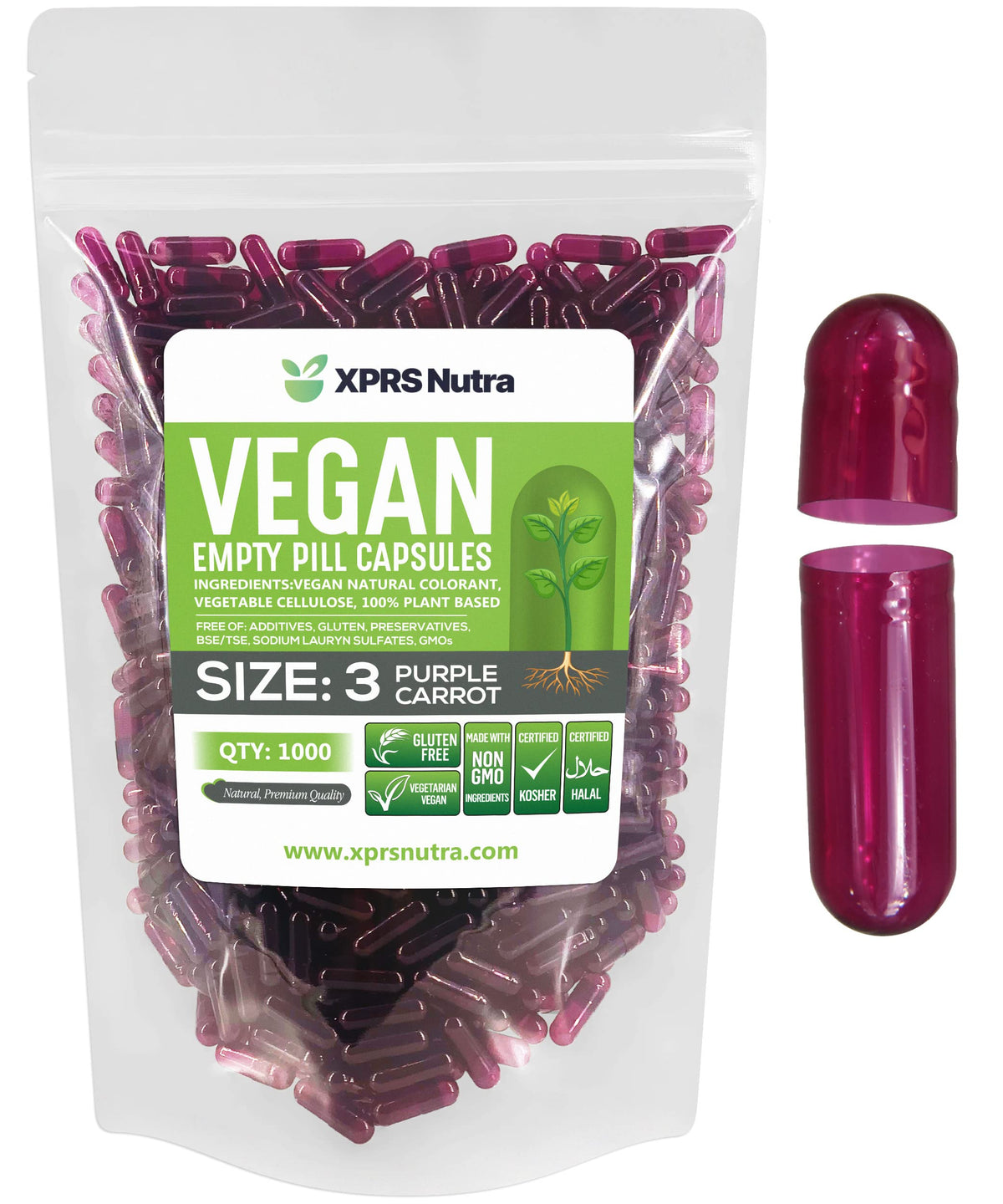 XPRS Nutra Size 3 Empty Vegetarian Capsules - 1000 Count