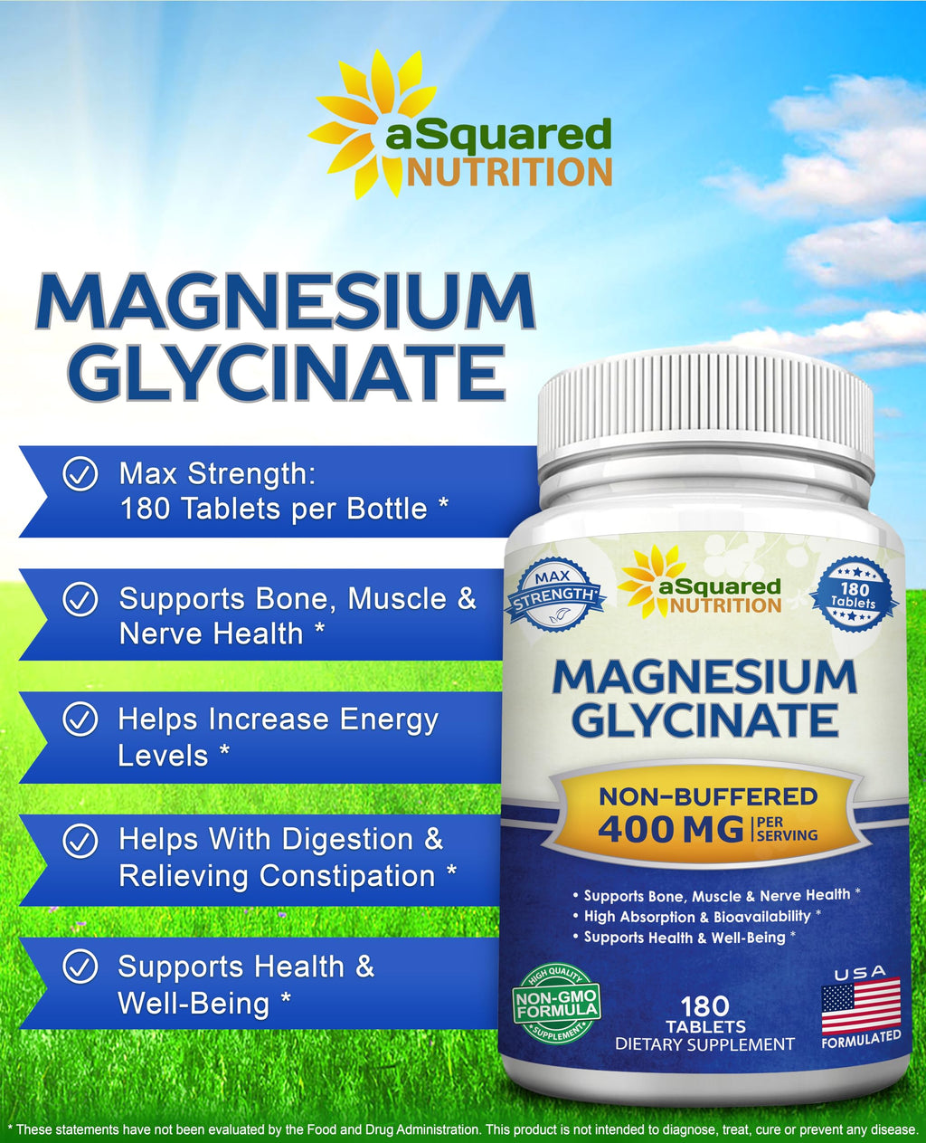 aSquared Nutrition Magnesium Glycinate 400mg - 180 Tablets - image 3