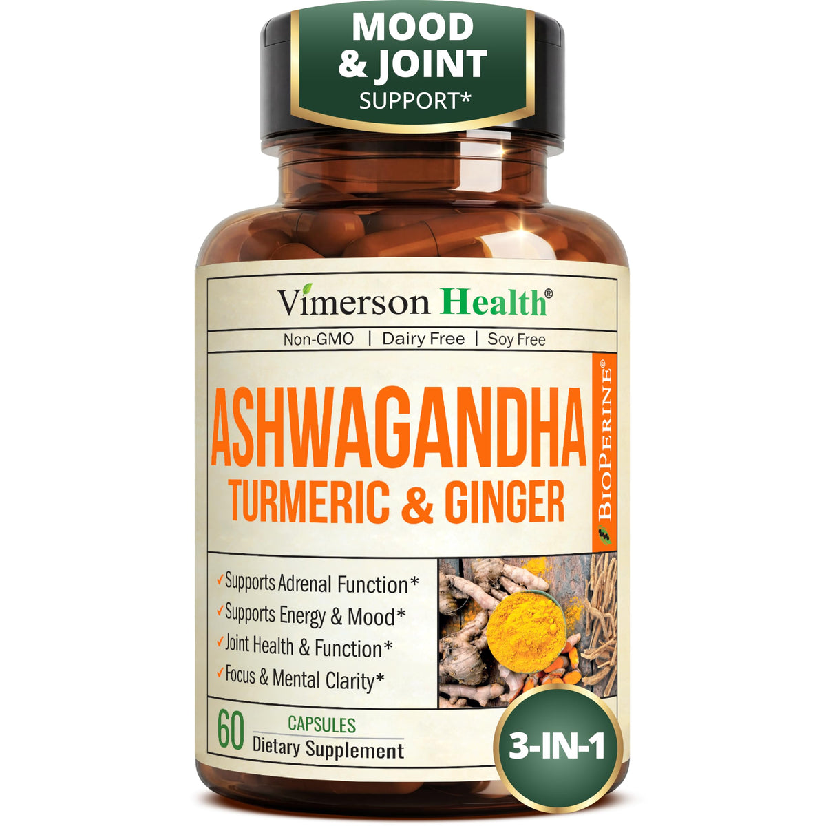 Vimerson Health Ashwagandha Capsules with Turmeric & Ginger - 60 Capsules