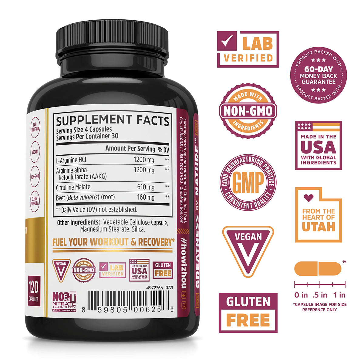 ZHOU N.O. Pro Nitric Oxide Supplement - 120 Vegetarian Capsules - image 3