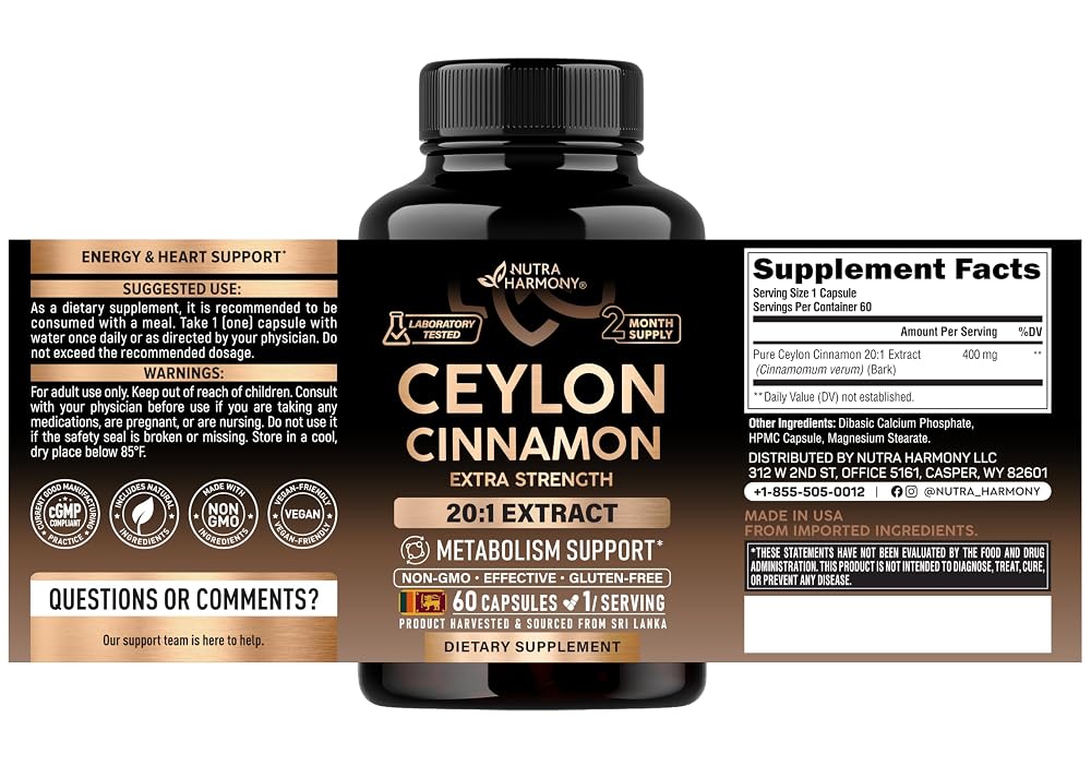 NUTRAHARMONY Ceylon Cinnamon Capsules - Extra Strength - Energy