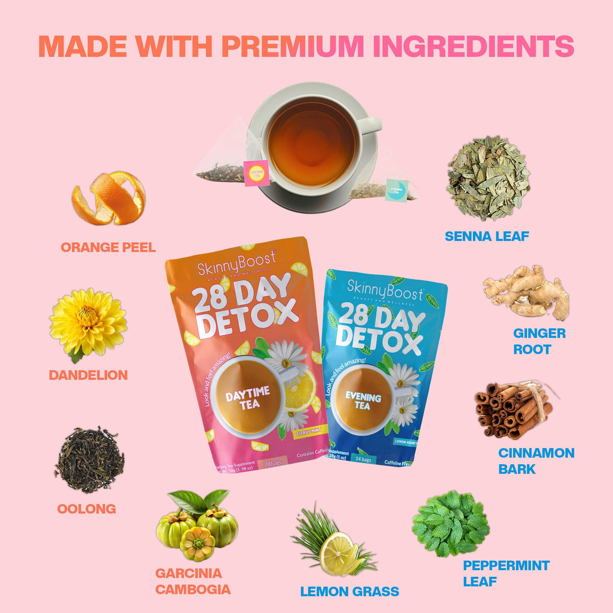 SkinnyBoost Daytime Teas, 3 Evening Detox Teas Non GMO, Vegan, All