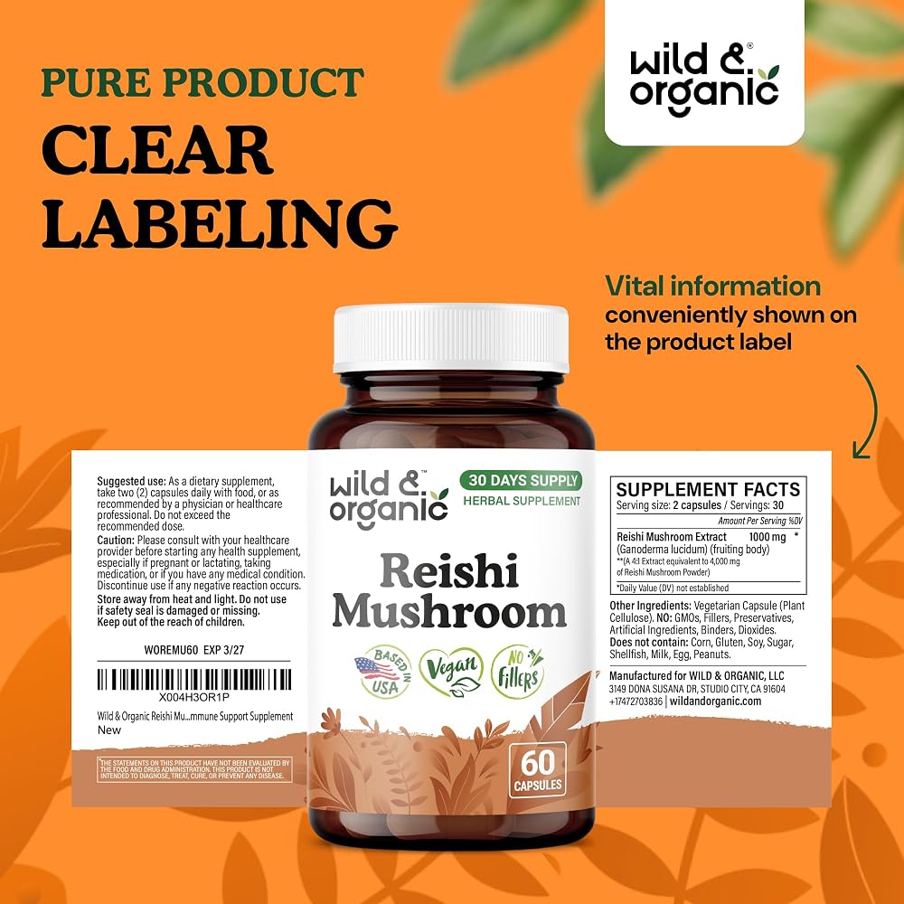 Wild & Organic Reishi Mushroom Capsules 1000mg Immune Support - 60 Count - image 7