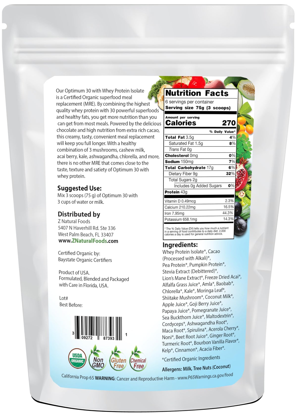 Z Natural Foods Optimum 30 Organic Whey Meal Replacement Powder - 16 oz - image 2