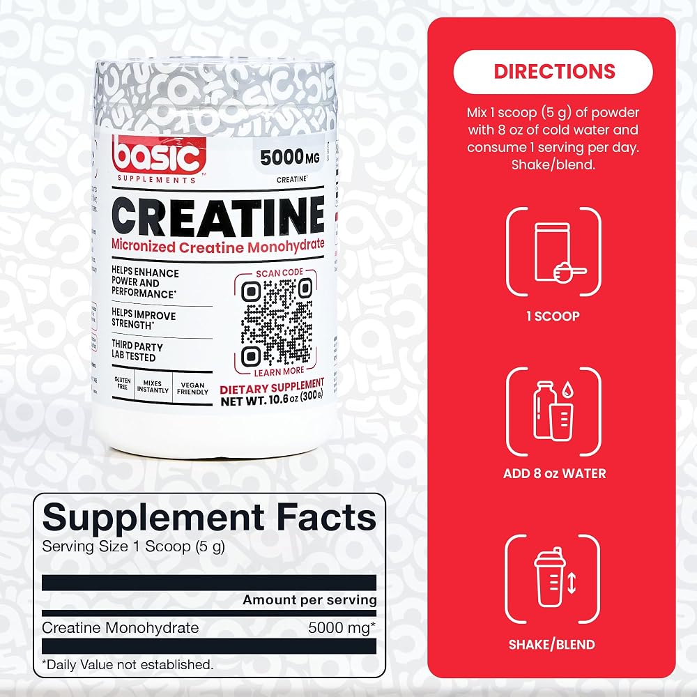 BASIC SUPPLEMENTS Micronized Creatine Monohydrate 5000mg - 10.6 oz - image 4