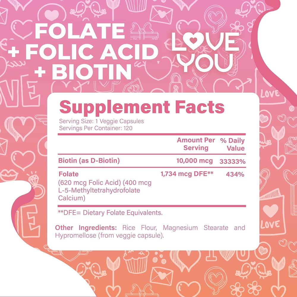 Love You Folate L-Methylfolate + Biotin 10,000 mcg - 120 Vegan Capsules - image 3