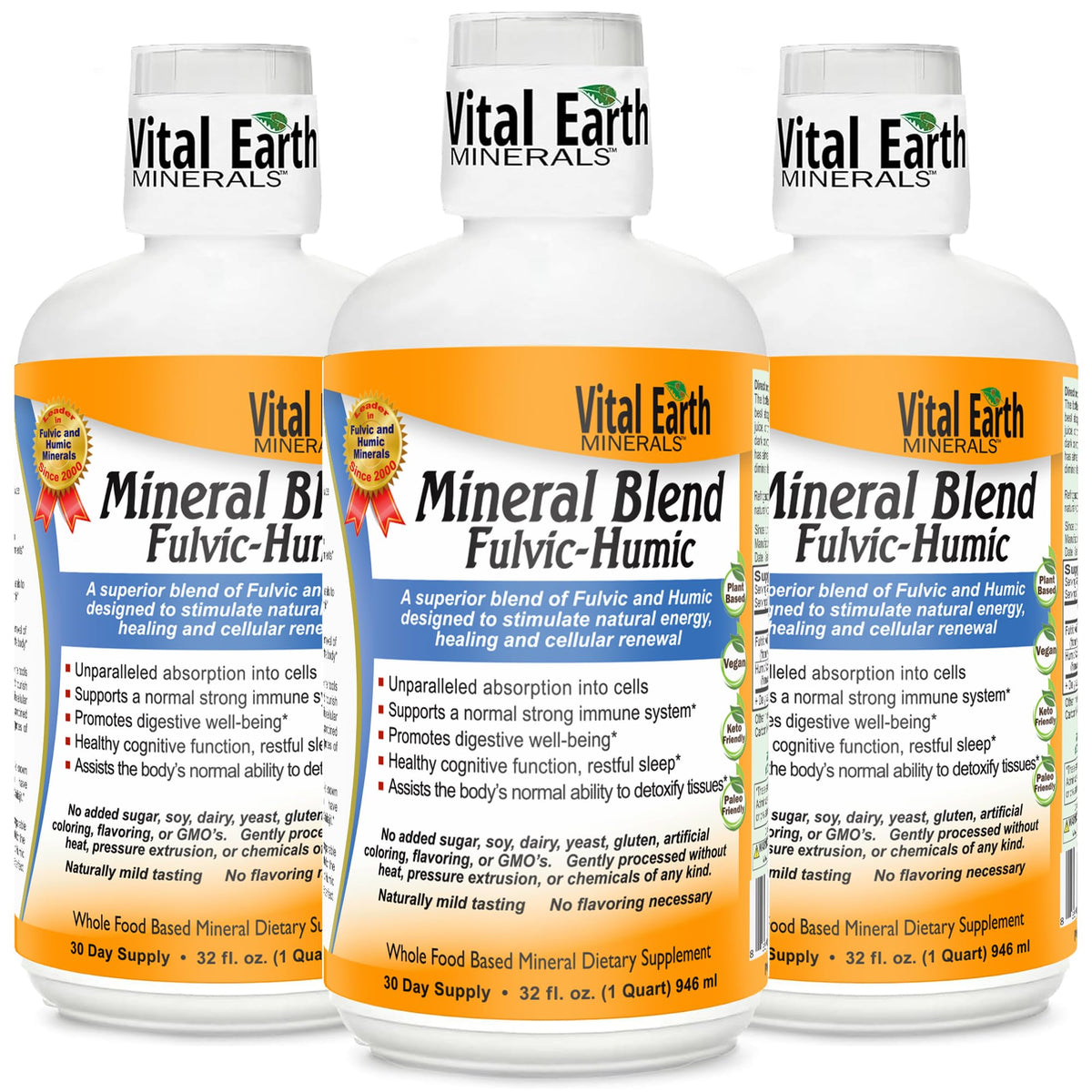 Vital Earth Minerals Fulvic Humic Mineral Blend Liquid - 3 x 32 Fl Oz
