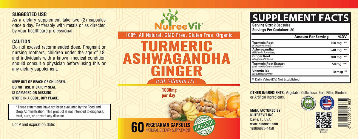 NutreeVit Organic Turmeric with Ashwagandha & Ginger - Capsules