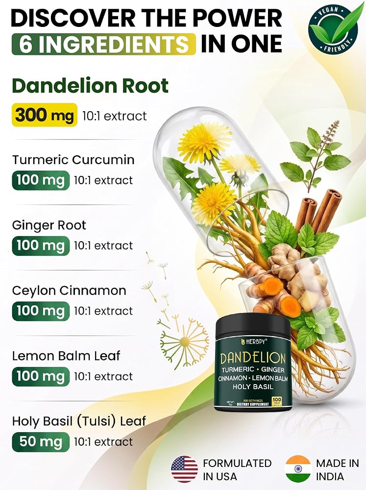 Herbpy 6in1 Dandelion Root Supplement for Digestion - 100 Capsules - image 2