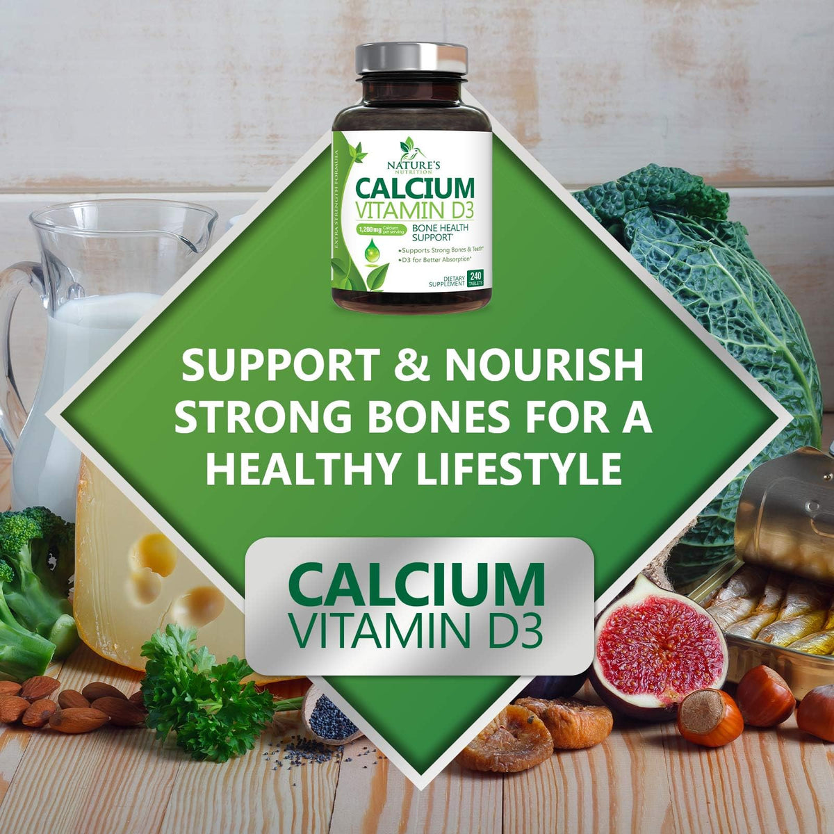 Nature's Nutrition Calcium 1200 mg with Vitamin D3 - Premium Bone