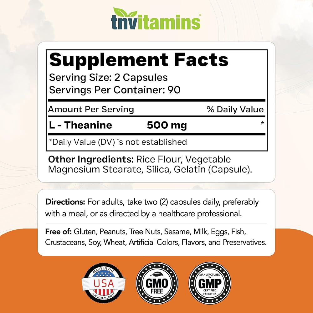 tnvitamins L-Theanine 500 mg Capsules for Calm Focus - 180 Capsules - image 2