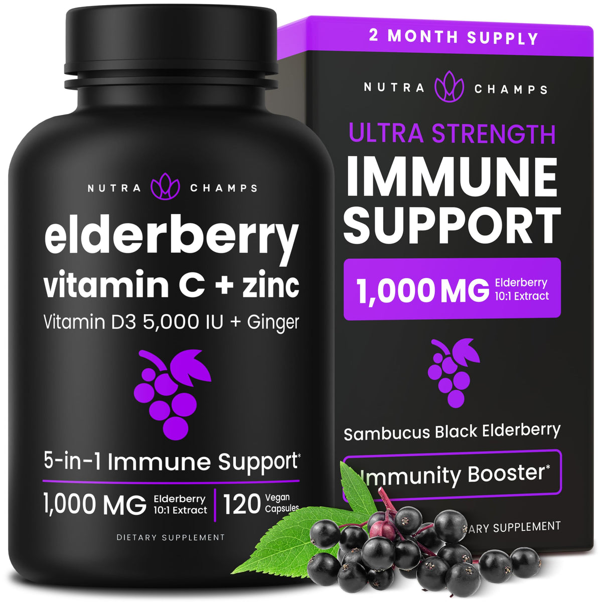 NutraChamps Elderberry Capsules 1000mg with Vitamin D3 - 120 Capsules