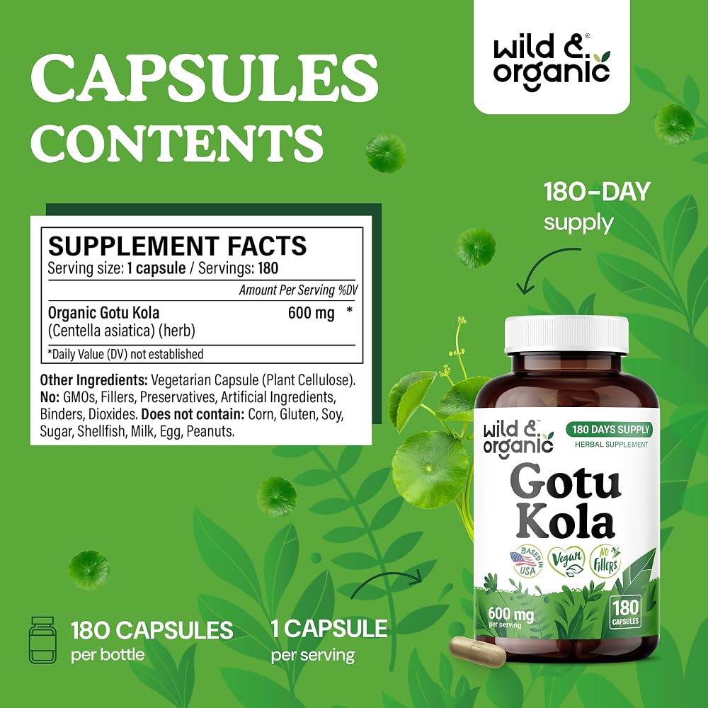 Wild & Organic Gotu Kola 600 mg Brain Support - 180 Capsules - image 3