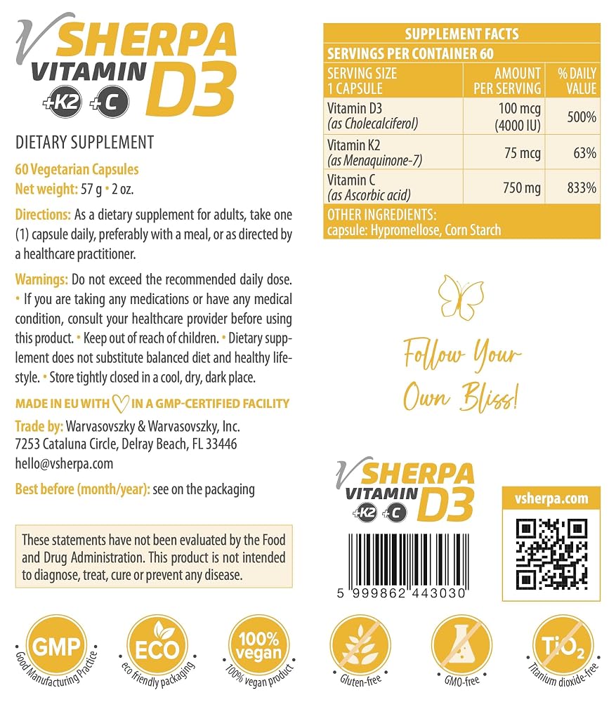 vSherpa Vitamin D3 4000IU + K2 + Vitamin C - 60 Capsules - image 5