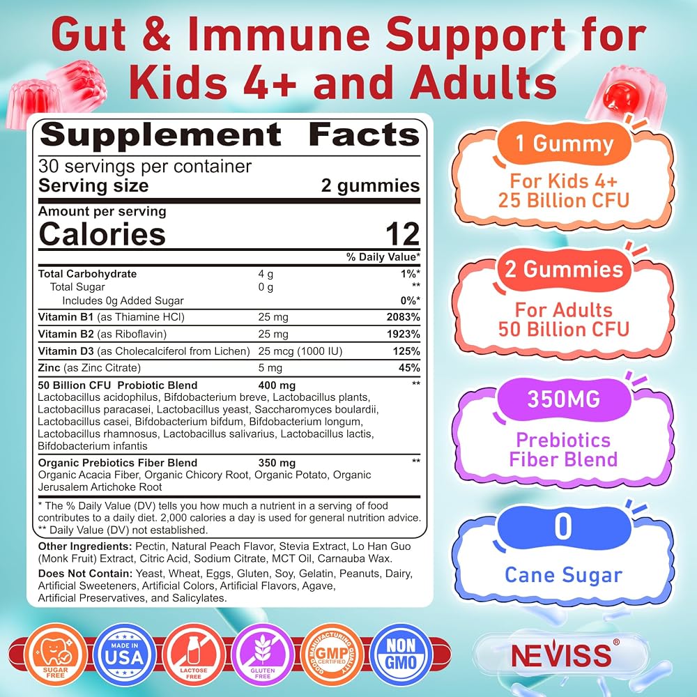NEVISS Sugar Free Probiotics Gummies for Women & Men