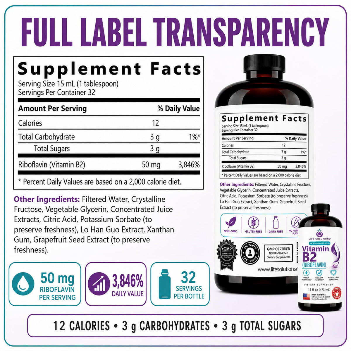 Life Solutions Vitamin B2 Riboflavin Liquid 50 mg - 16 Fl Oz - image 5