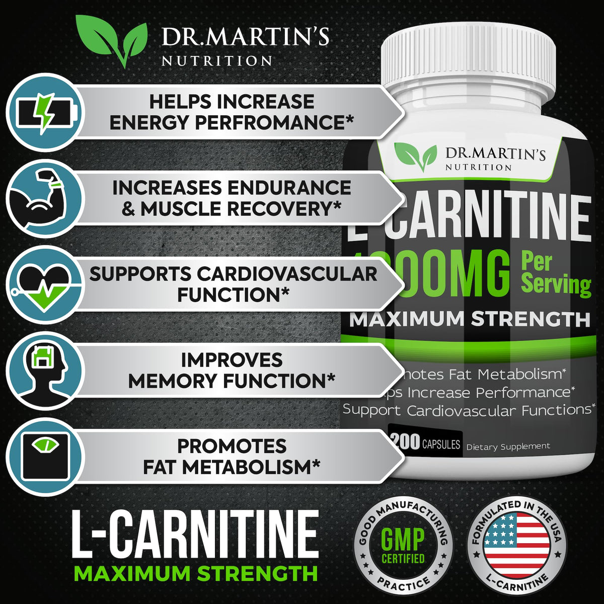 DR. MARTIN'S NUTRITION L-Carnitine 1000mg Energy Support - 200 Capsules - image 2