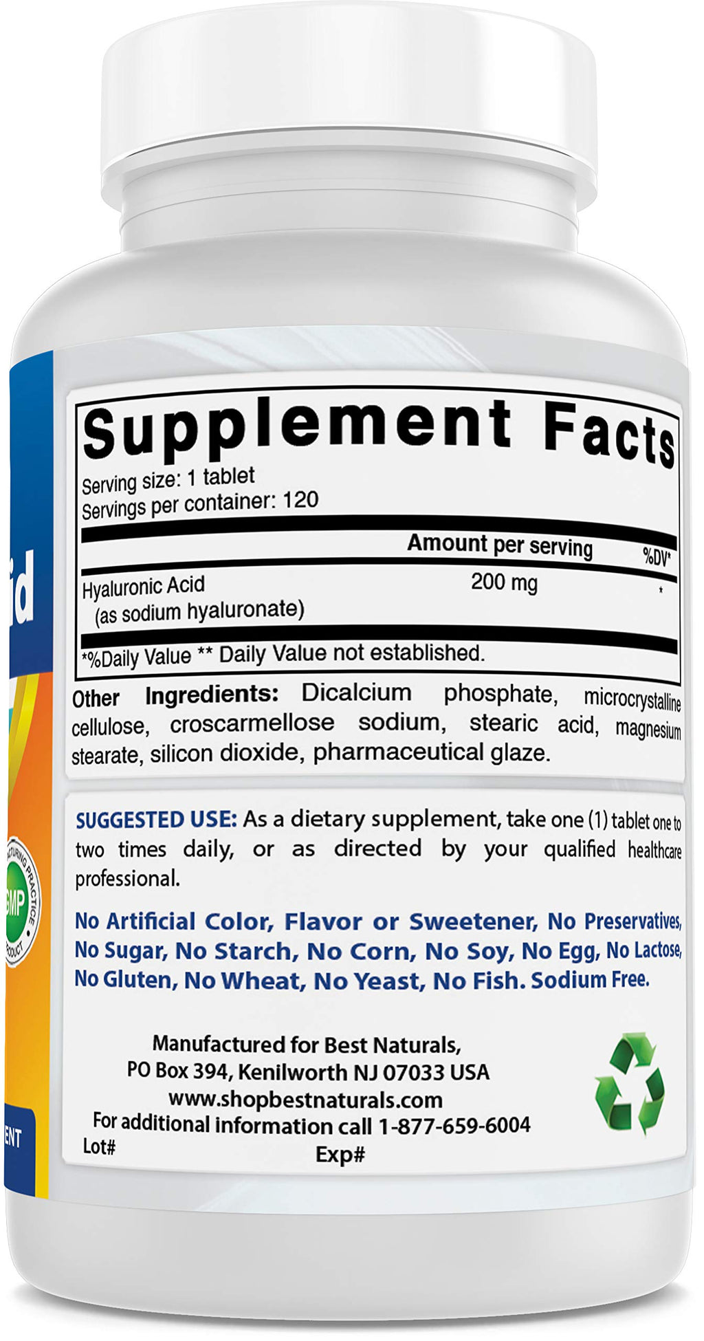 Best Naturals Hyaluronic Acid 200 mg 120 Tablets (Non-GMO