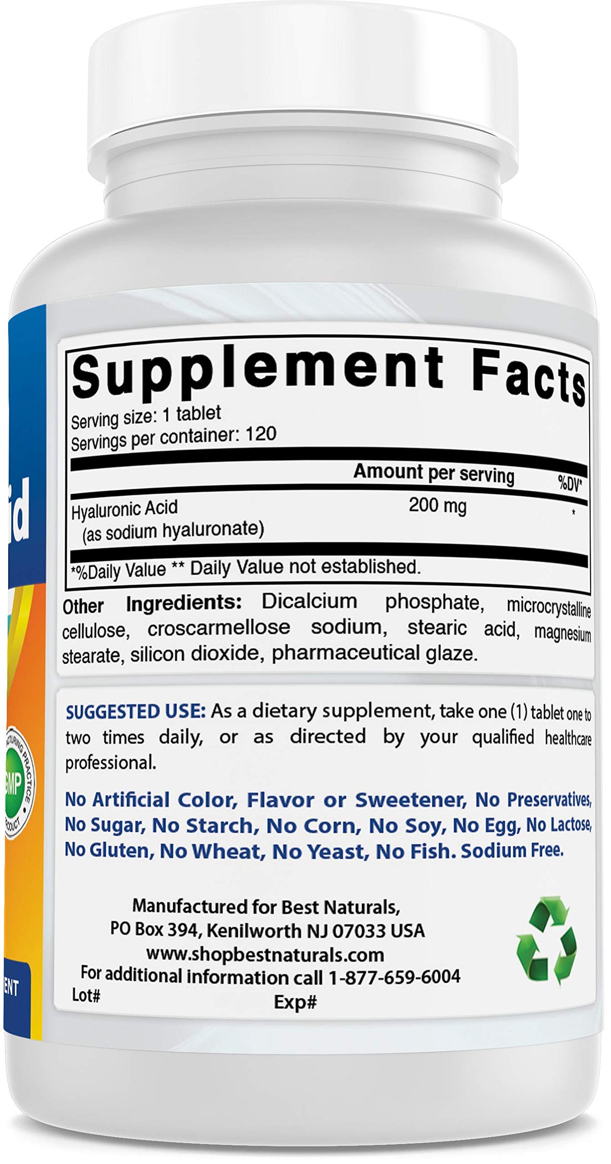 Best Naturals Hyaluronic Acid 200 mg 120 Tablets (Non-GMO