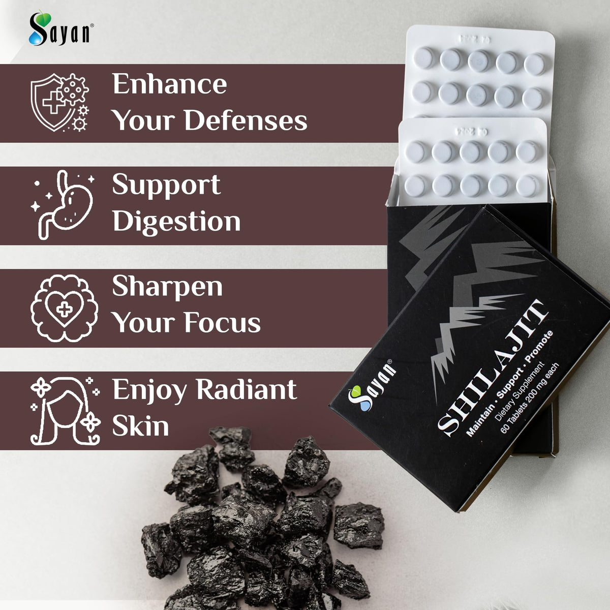 Sayan Shilajit Tablets 200mg Fulvic Acid - 60 Count - image 2