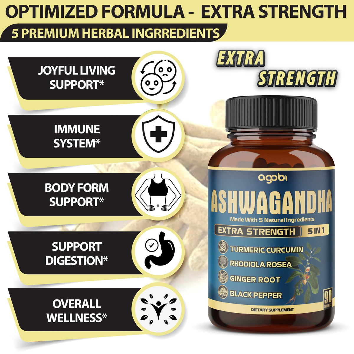 Agobi Ashwagandha Extract Capsule with Ginger & Turmeric - 90 Capsules - image 3