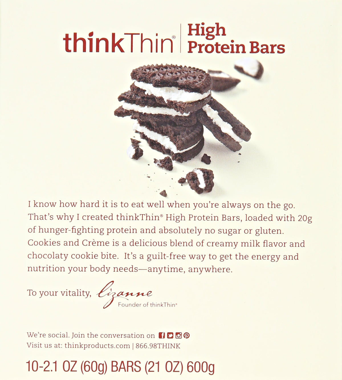 thinkThin High Protein Bars Cookies and Creme - 10 Count - image 2