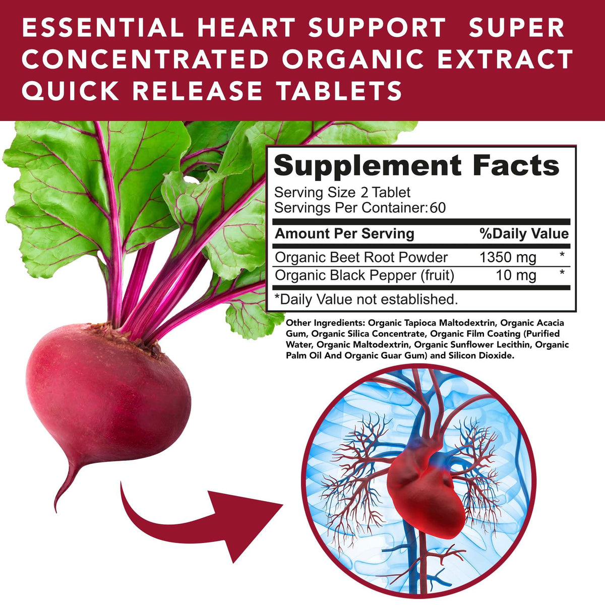 PLANT.O NUTRITION Organic Beet Root Capsules 1350mg - 120 Tablets - image 2