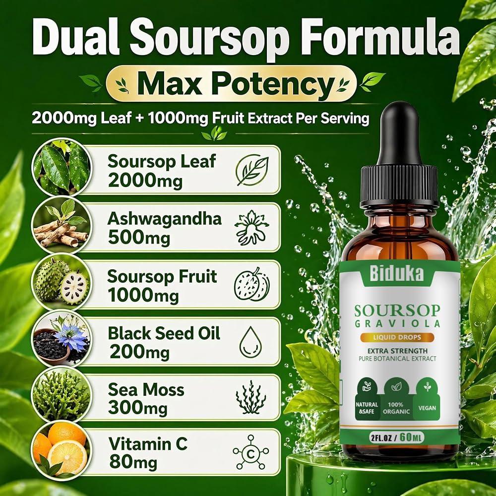 Biduka Soursop Graviola Liquid Drops with Ashwagandha - 2 Fl Oz - image 2