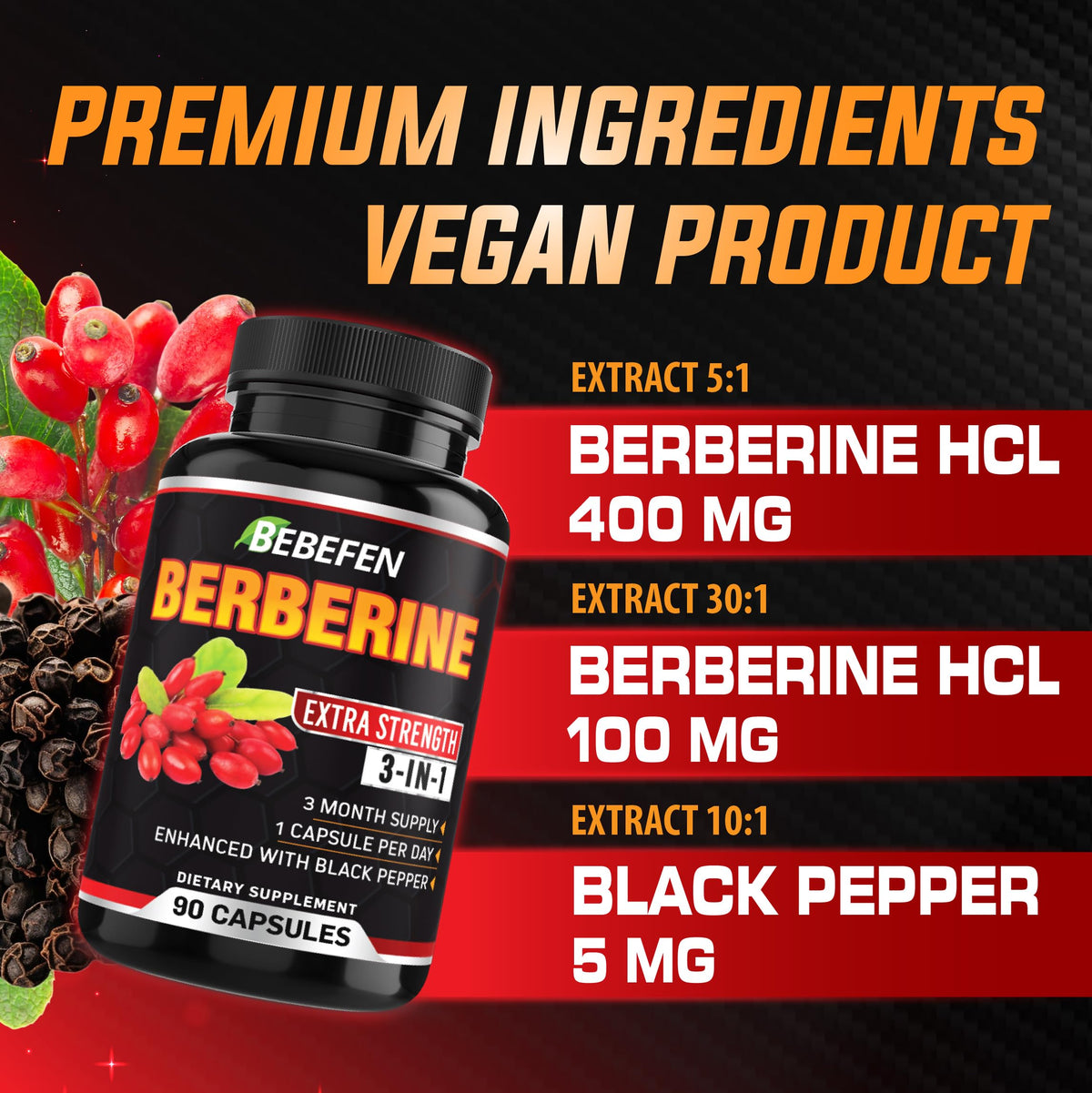 BEBEFEN Berberine Capsules with Black Pepper Extract - 90 Capsules - image 4