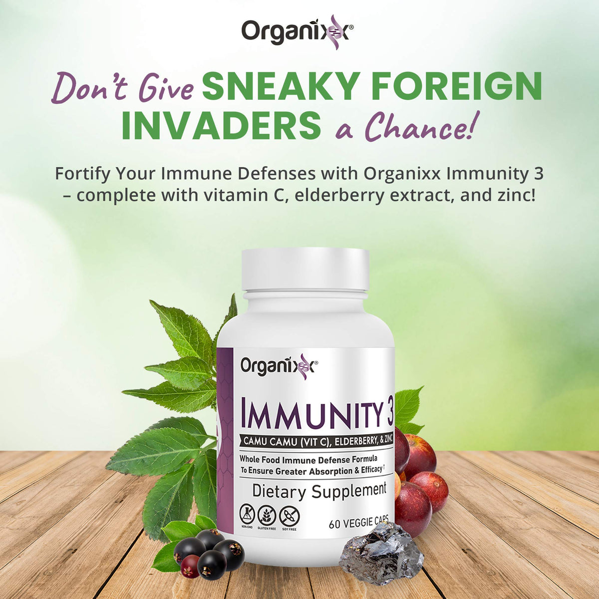 Organixx Immunity 3 Vitamin C, Zinc & Elderberry - 60 Capsules - image 3
