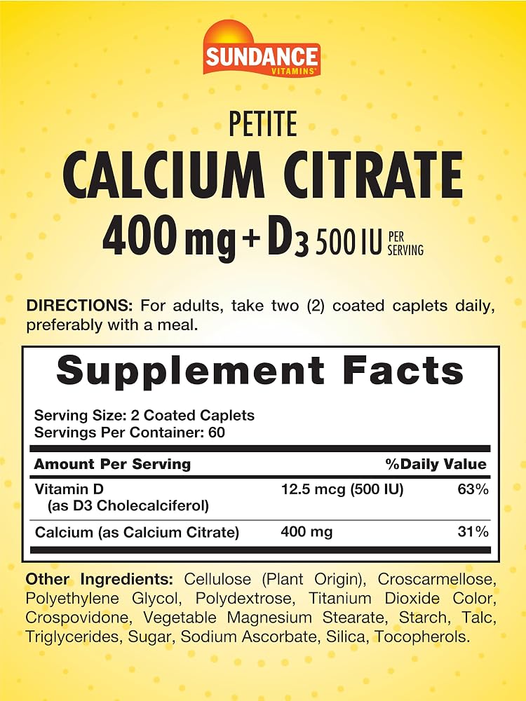 Sundance Calcium Citrate with Vitamin D3 400 mg - 120 Caplets - image 2