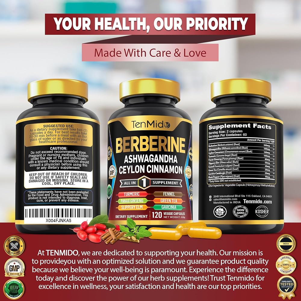 Tenmido Berberine Supplement 10-in-1 Formula - 120 Capsules - image 7