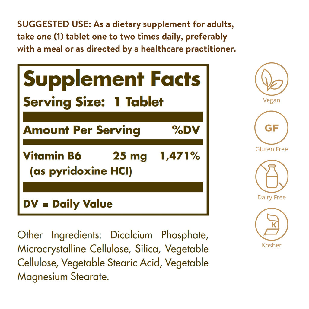 Solgar Vitamin B6 25 mg Supports Energy Metabolism - 100 Tablets - image 2