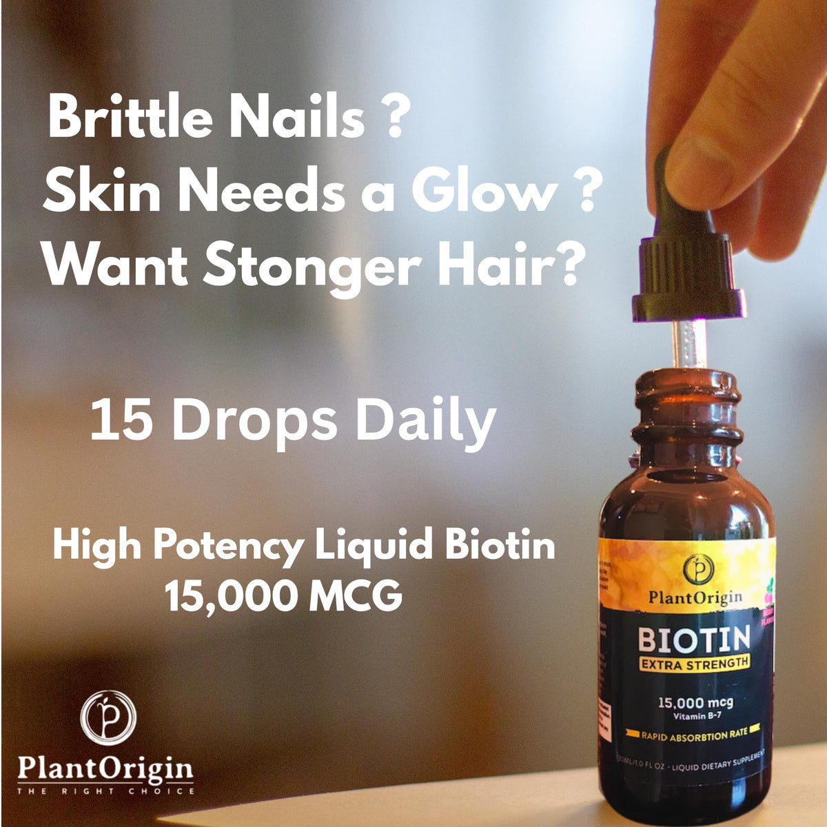 PLANTORIGIN Liquid Biotin 15,000 MCG Hair, Skin & Nails Support - 60 Servings - image 3