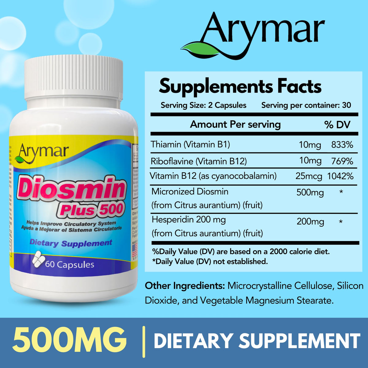 Arymar Diosmin 500mg with Vitamin B-Complex - 60 Capsules - image 5