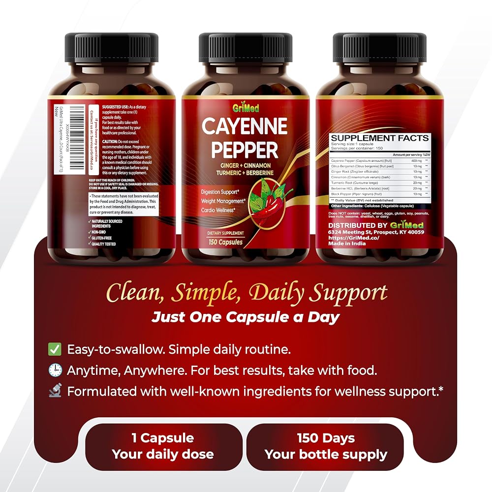 GriMed Cayenne Pepper Complex 7-in-1 with Ginger & Turmeric - 150 Capsules - image 9