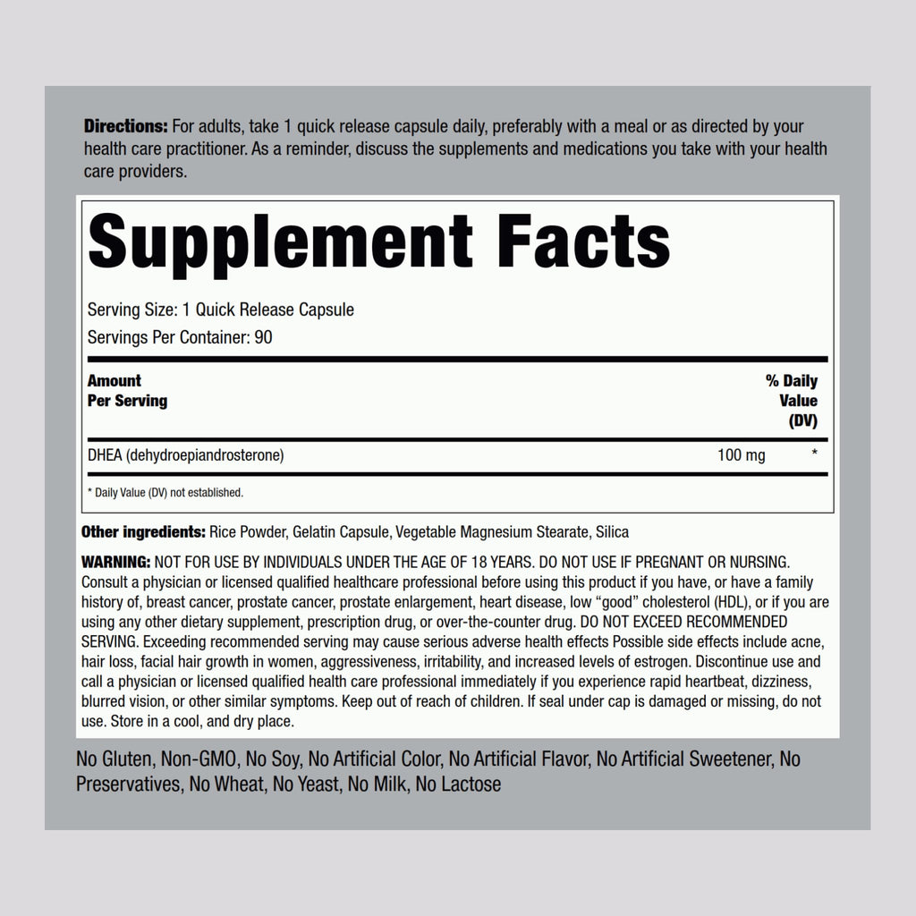 Piping Rock DHEA Supplement 100mg - 90 Capsules - image 2